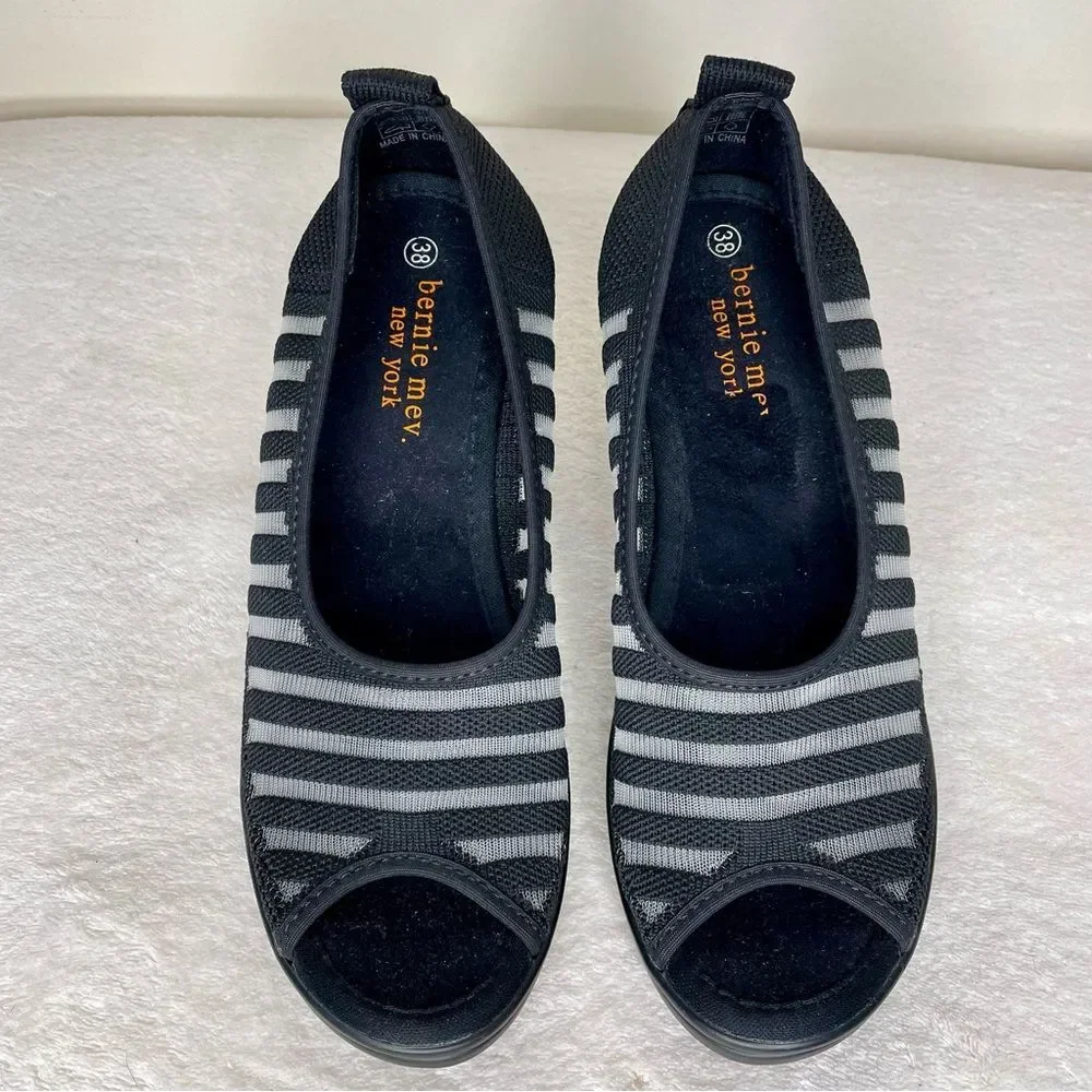 Bernie Mev Peep Toe Heels Stripe Open Toe Shoes Black Gray Size 38